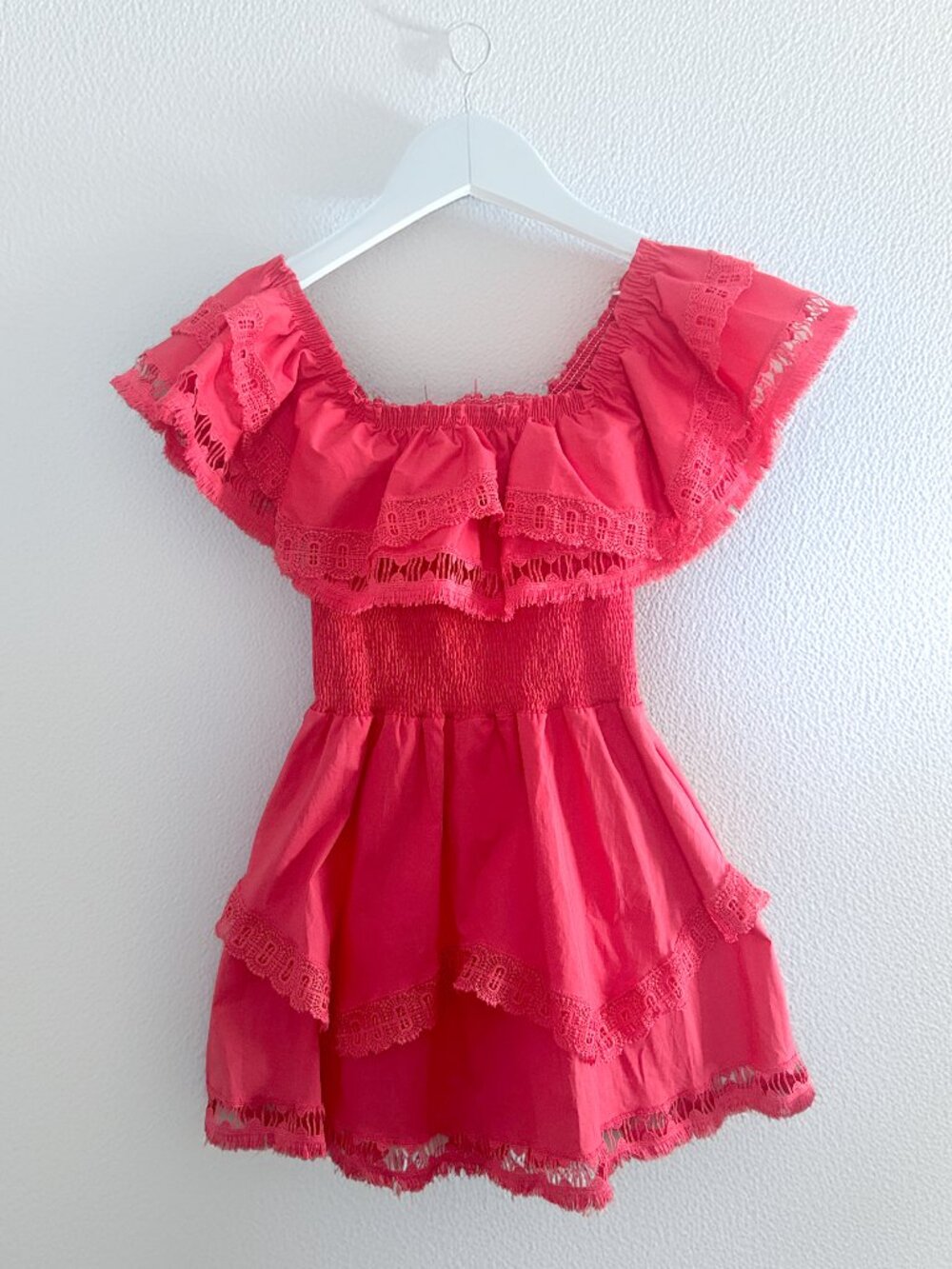 Peixoto Wyatt Lace Trim Dress Coral Off Shoulder Smocked Mini Size M NWT